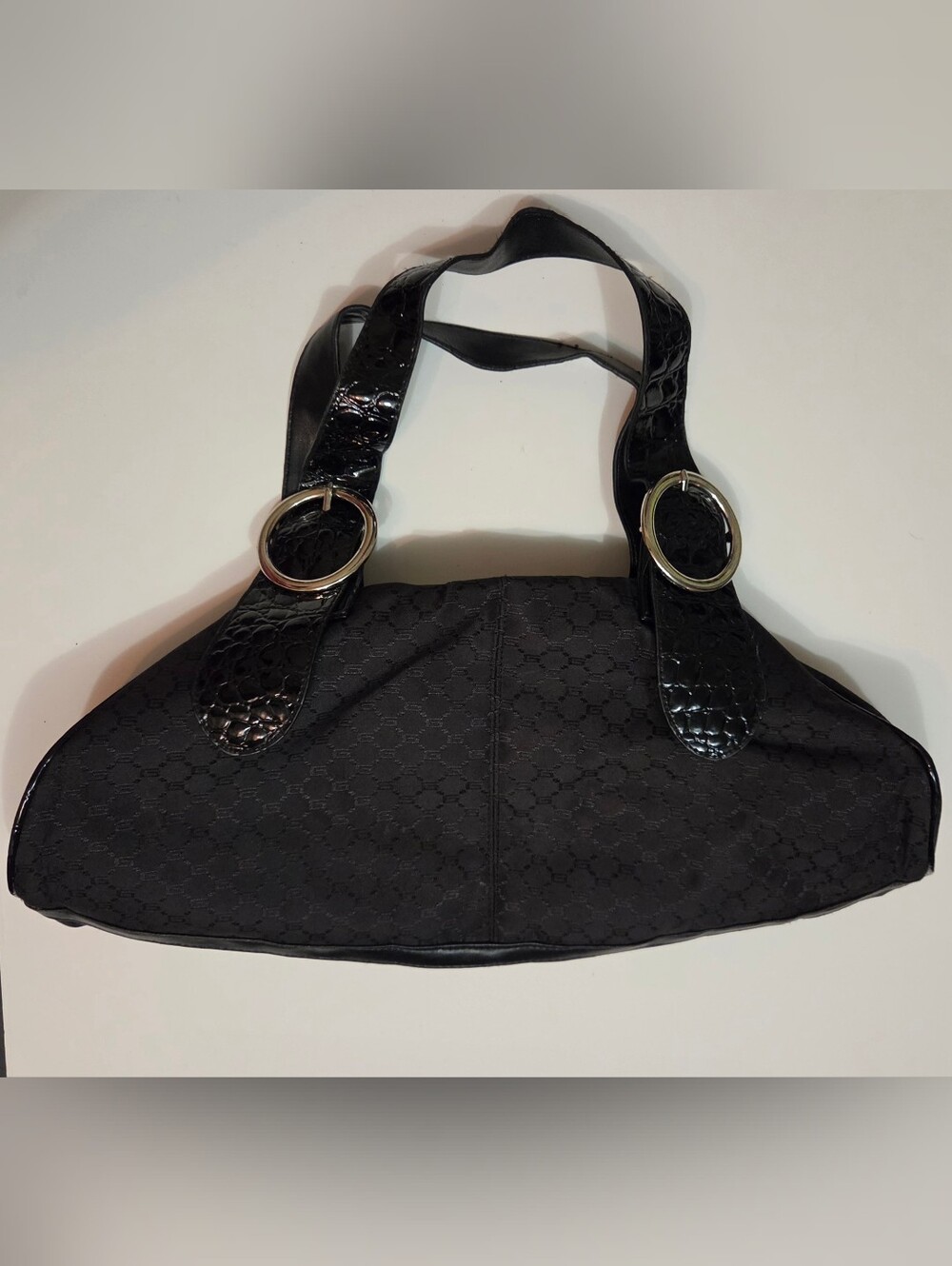 Black Shoulder Bag with Croc-Texture Straps and Ring Accents